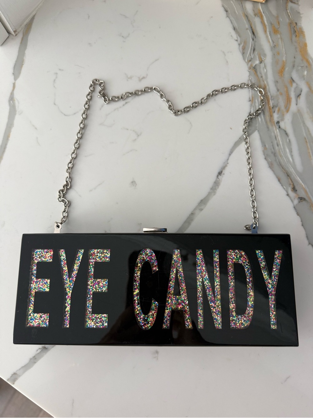 Nordstrom Black 'EYE CANDY' Glitter Acrylic Box Clutch with Silver Chain